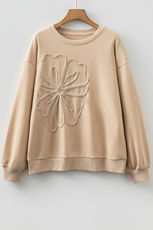 Relaxed Fit Corded Floral Detail Crew Neck Pullover