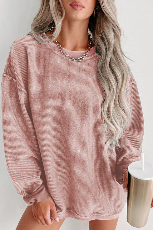 Relaxed Fit Corded Knit Crew Neck Pullover Sweatshirt