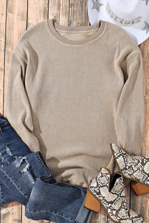 Relaxed Fit Corded Knit Crew Neck Pullover Sweatshirt