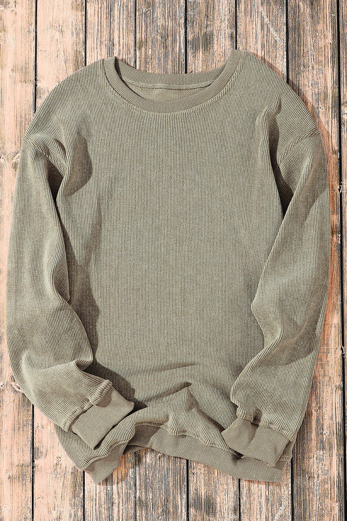 Relaxed Fit Corded Knit Crew Neck Pullover Sweatshirt