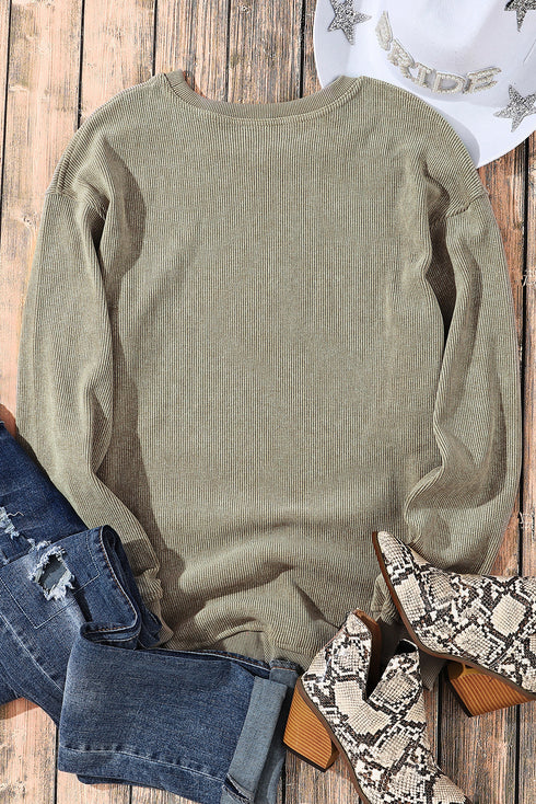 Relaxed Fit Corded Knit Crew Neck Pullover Sweatshirt