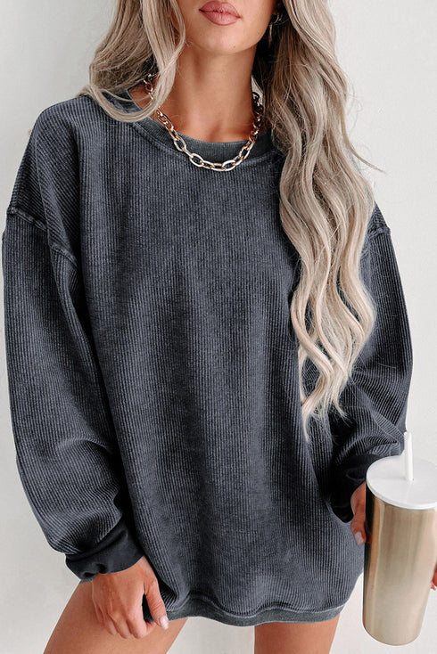 Relaxed Fit Corded Knit Crew Neck Pullover Sweatshirt