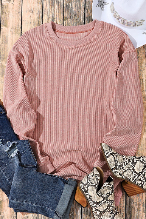 Relaxed Fit Corded Knit Crew Neck Pullover Sweatshirt