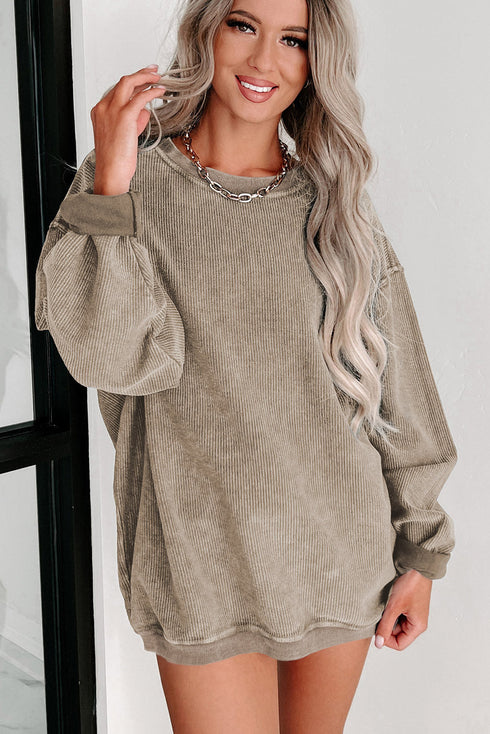 Relaxed Fit Corded Knit Crew Neck Pullover Sweatshirt