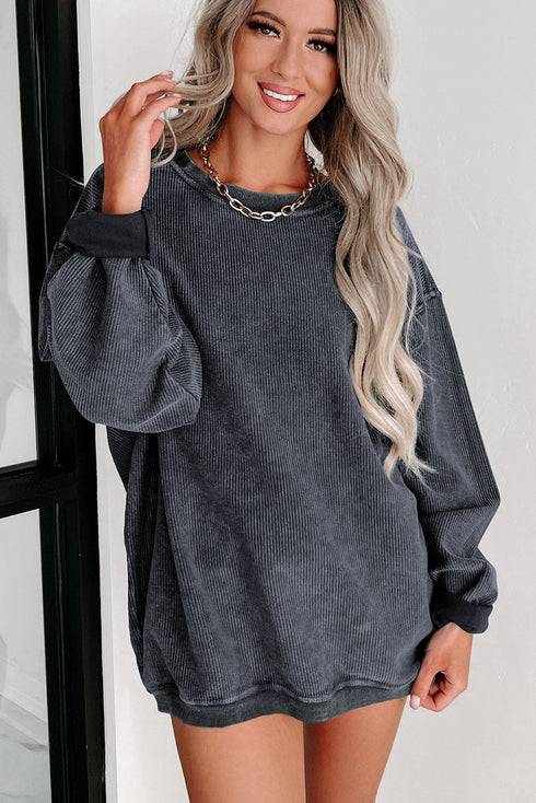 Relaxed Fit Corded Knit Crew Neck Pullover Sweatshirt