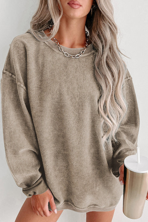 Relaxed Fit Corded Knit Crew Neck Pullover Sweatshirt
