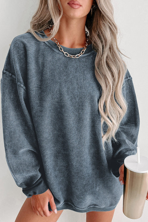 Relaxed Fit Corded Knit Crew Neck Pullover Sweatshirt