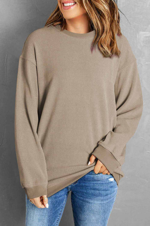 Relaxed Fit Corded Knit Crew Neck Pullover Sweatshirt