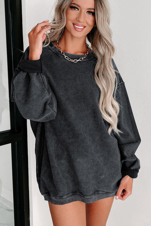 Relaxed Fit Corded Knit Crew Neck Pullover Sweatshirt