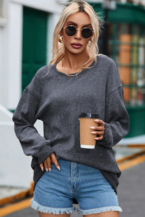 Relaxed Fit Corded Knit Crew Neck Pullover Sweatshirt
