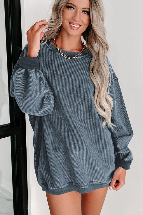 Relaxed Fit Corded Knit Crew Neck Pullover Sweatshirt
