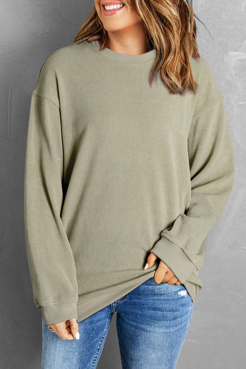 Relaxed Fit Corded Knit Crew Neck Pullover Sweatshirt