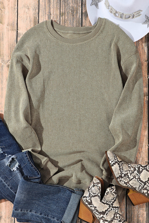 Relaxed Fit Corded Knit Crew Neck Pullover Sweatshirt