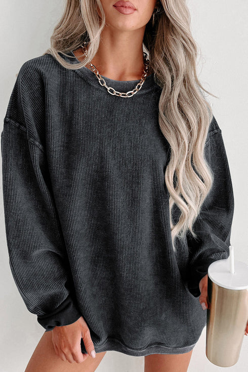 Relaxed Fit Corded Knit Crew Neck Pullover Sweatshirt