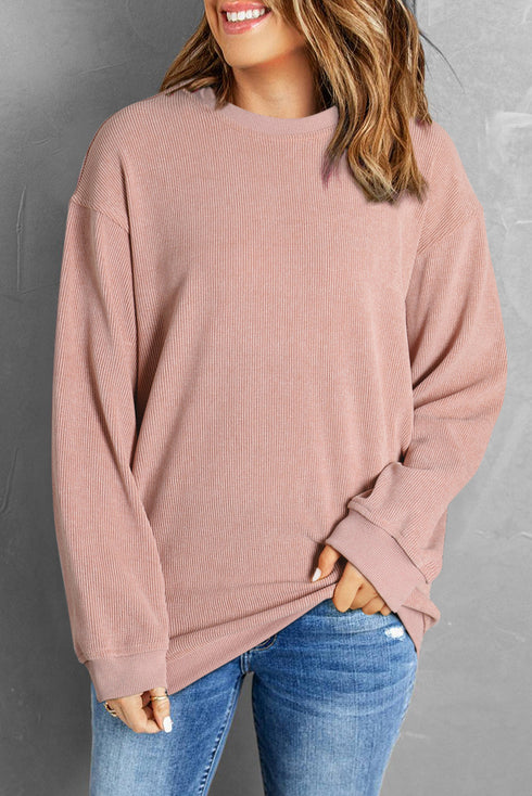 Relaxed Fit Corded Knit Crew Neck Pullover Sweatshirt
