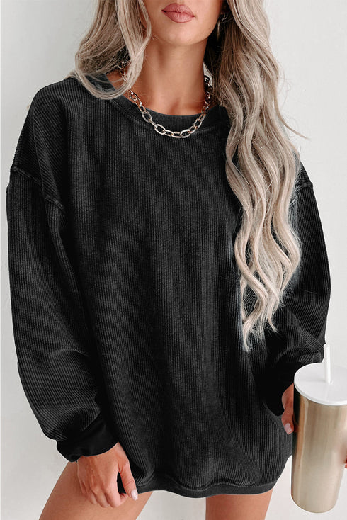 Relaxed Fit Corded Knit Crew Neck Pullover Sweatshirt