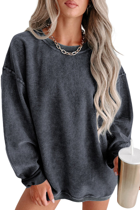 Relaxed Fit Corded Knit Crew Neck Pullover Sweatshirt