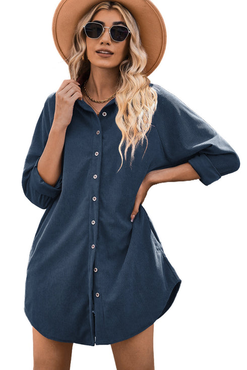 Relaxed Fit Corduroy Button Down Long Sleeve Shirt Dress