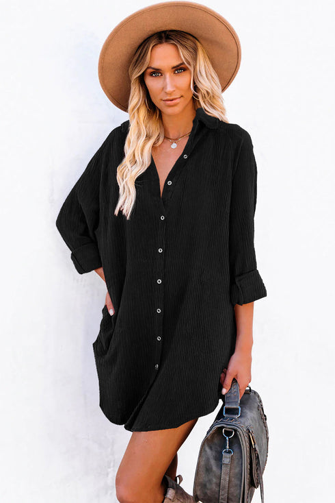 Relaxed Fit Corduroy Button Down Long Sleeve Shirt Dress