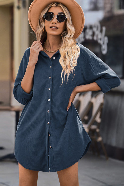Relaxed Fit Corduroy Button Down Long Sleeve Shirt Dress