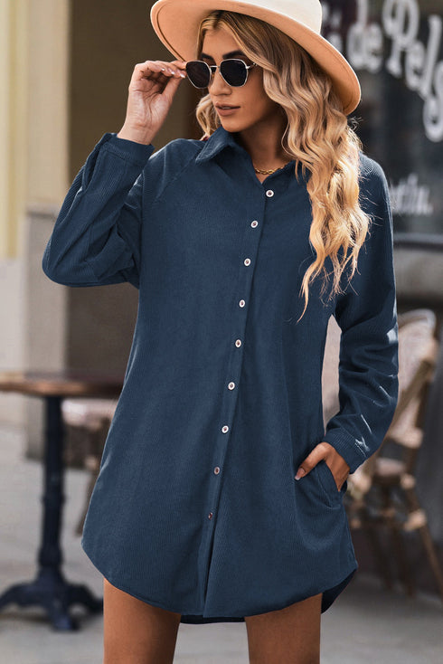 Relaxed Fit Corduroy Button Down Long Sleeve Shirt Dress