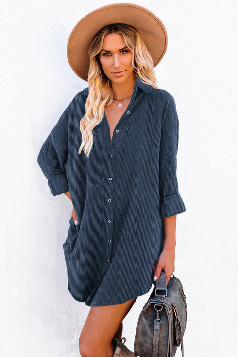 Relaxed Fit Corduroy Button Down Long Sleeve Shirt Dress
