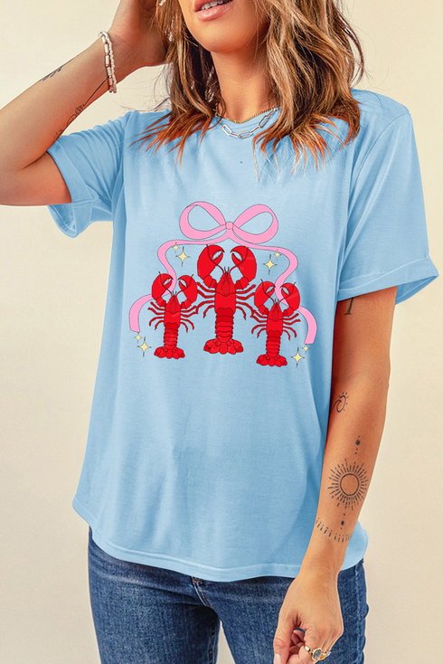 Relaxed Fit Crawfish Bow Graphic Print Crew Neck Tee
