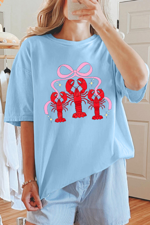 Relaxed Fit Crawfish Bow Graphic Print Crew Neck Tee