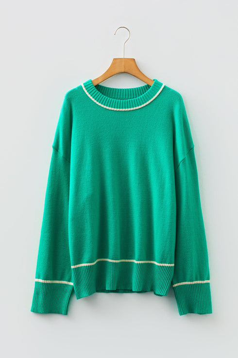 Relaxed Fit Crew Neck Striped Accent Sweater