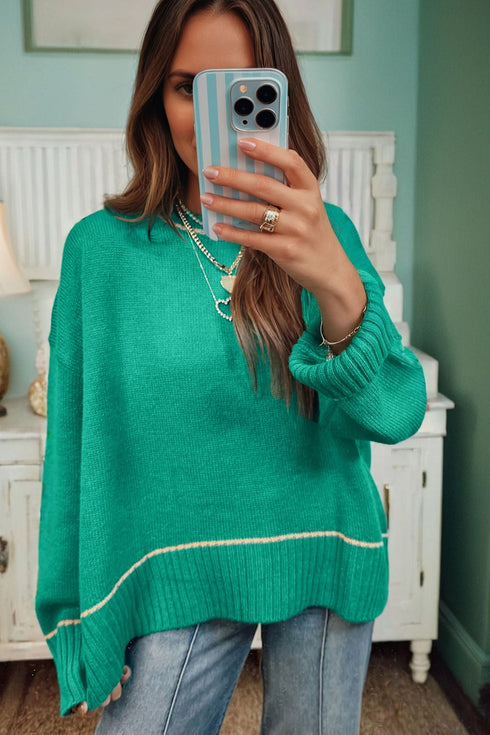 Relaxed Fit Crew Neck Striped Accent Sweater