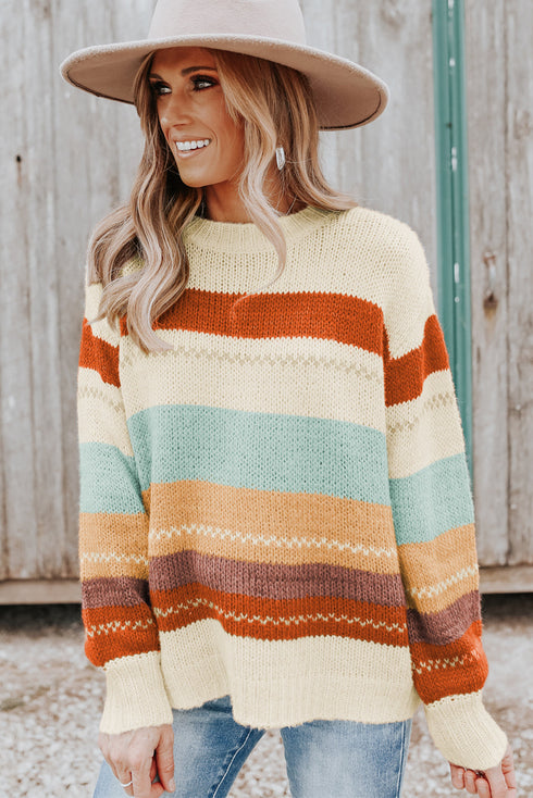 Relaxed Fit Crew Neck Striped Knit Pullover Sweater