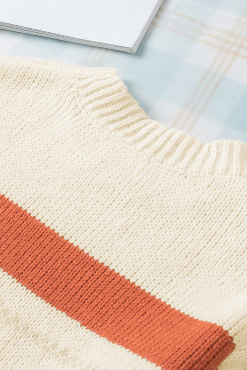 Relaxed Fit Crew Neck Striped Knit Pullover Sweater