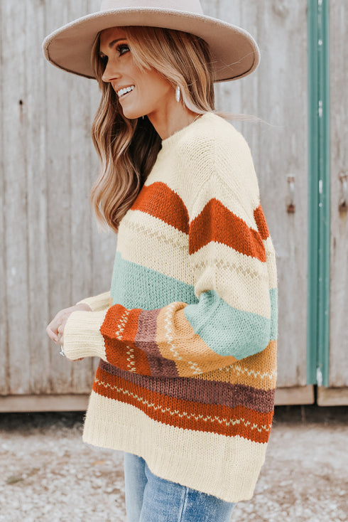Relaxed Fit Crew Neck Striped Knit Pullover Sweater