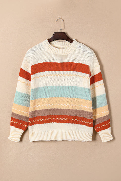 Relaxed Fit Crew Neck Striped Knit Pullover Sweater