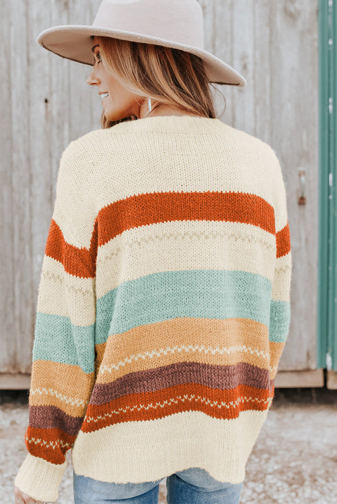 Relaxed Fit Crew Neck Striped Knit Pullover Sweater