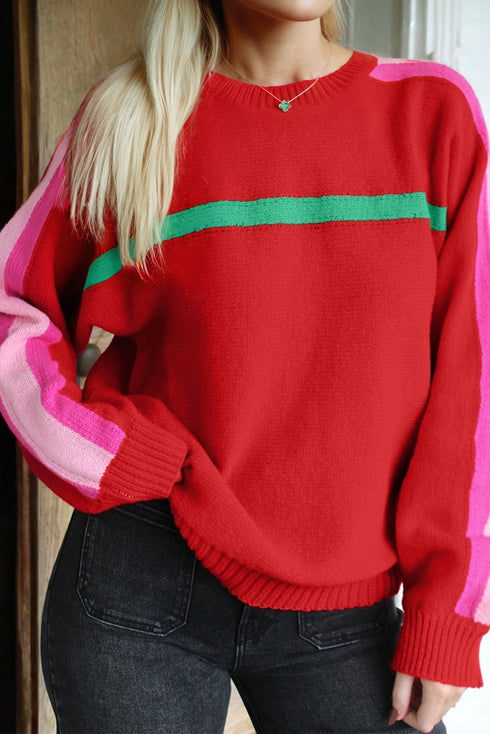 Relaxed Fit Crew Neck Striped Knit Sweater