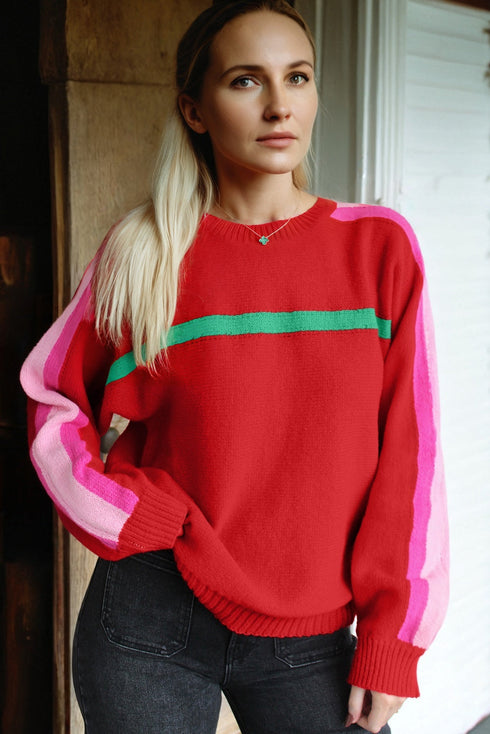 Relaxed Fit Crew Neck Striped Knit Sweater