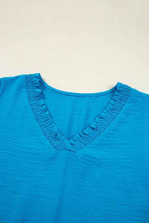 Relaxed Fit Crinkled Texture Frilled Neckline Blouse