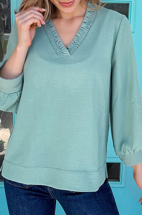 Relaxed Fit Crinkled Texture Frilled Neckline Blouse