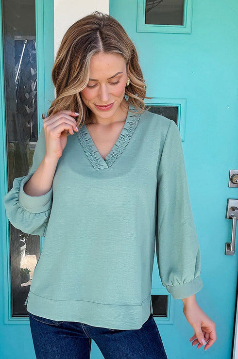 Relaxed Fit Crinkled Texture Frilled Neckline Blouse