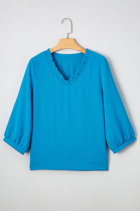 Relaxed Fit Crinkled Texture Frilled Neckline Blouse