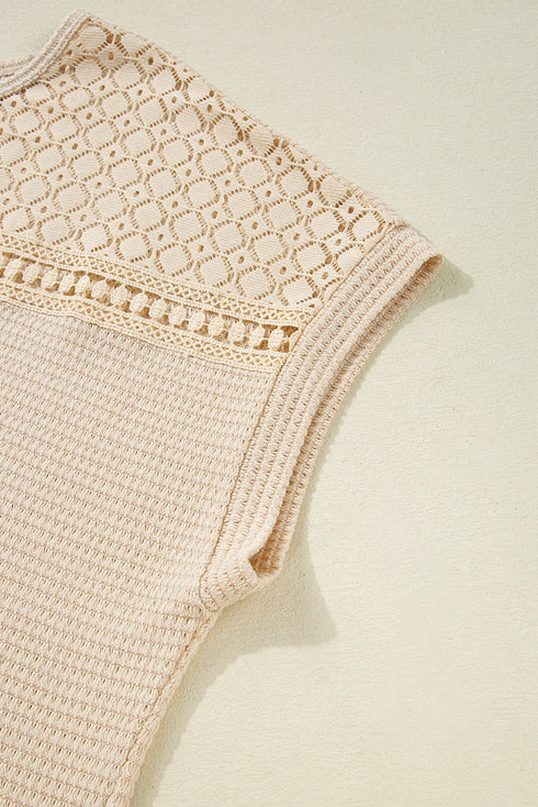 Relaxed Fit Crochet Lace Patchwork Waffle Knit Plus Size Top