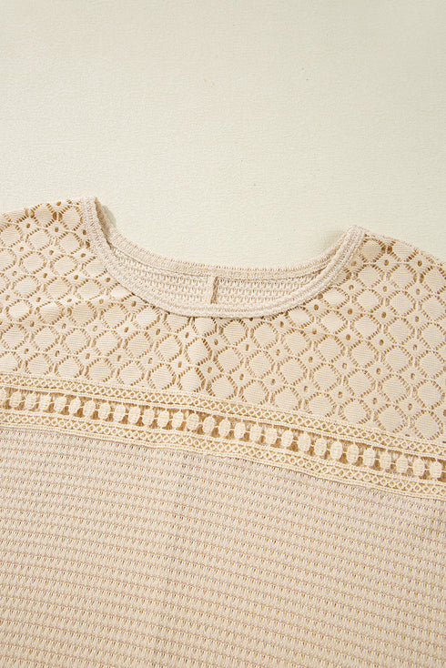 Relaxed Fit Crochet Lace Patchwork Waffle Knit Plus Size Top