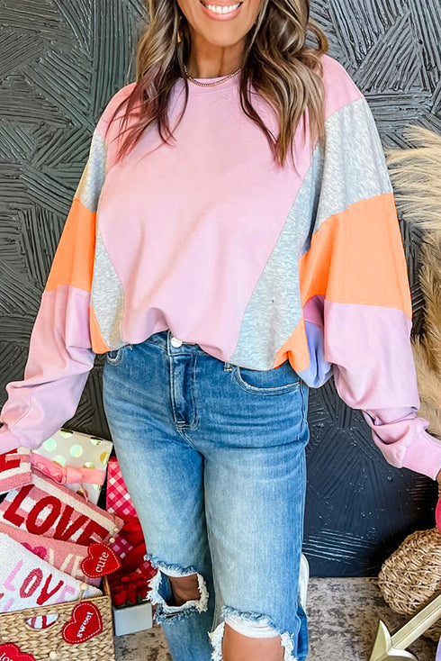 Relaxed Fit Curved Panel Design Crewneck Pullover Sweatshirt