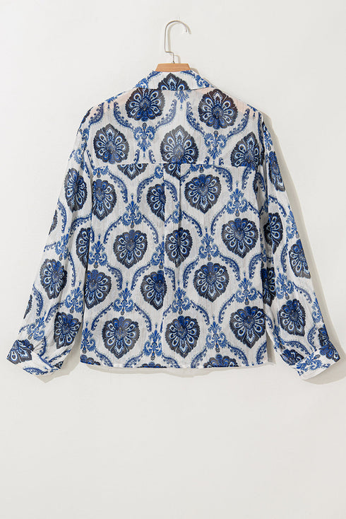 Relaxed Fit Damask Print Collared Button Down Shirt
