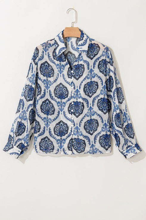 Relaxed Fit Damask Print Collared Button Down Shirt