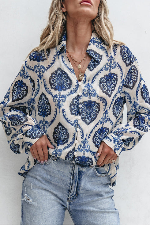 Relaxed Fit Damask Print Collared Button Down Shirt