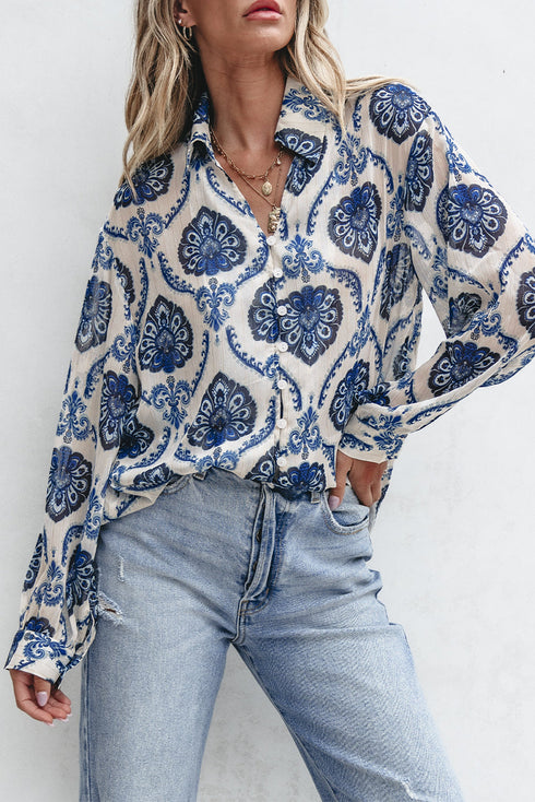 Relaxed Fit Damask Print Collared Button Down Shirt
