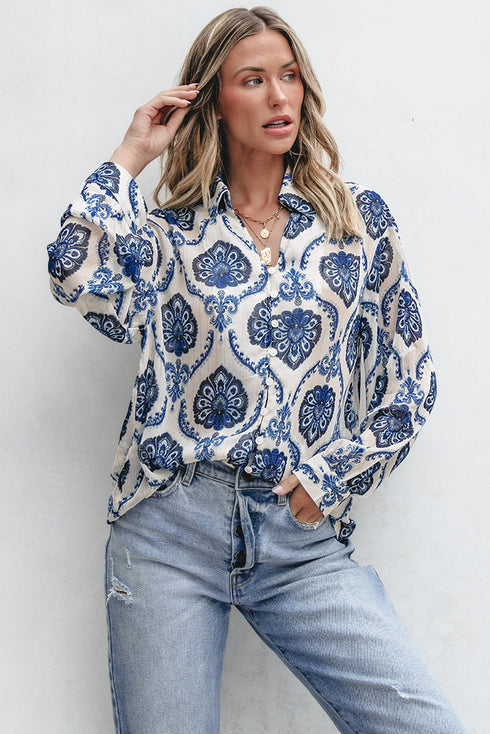 Relaxed Fit Damask Print Collared Button Down Shirt