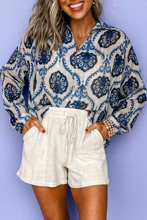 Relaxed Fit Damask Print Collared Button Down Shirt